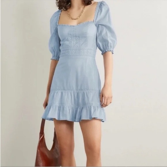 Reformation Paxton Blue Cotton Puff Sleeve Mini Dress 8 Euro Summer Cottagecore